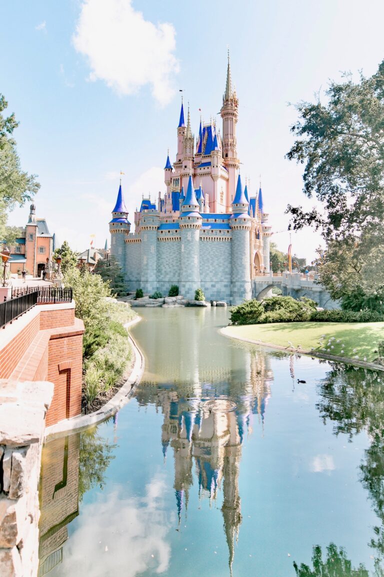 A wide angle view of Cinderella's Castle in Walt Disney World, links to booking questionnaire for Walt Disney World